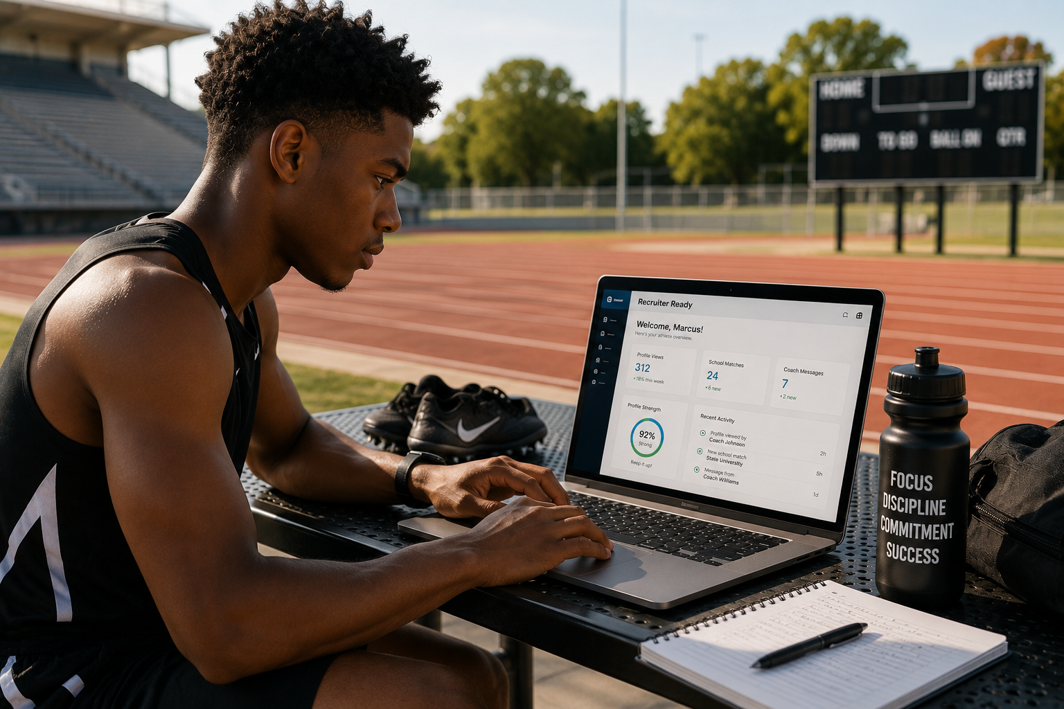 Track athlete preparing for recruiting practice at a laptop